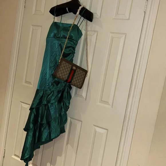 Vintage Blondie Nights Sexy  Hollywood Satin emerald green Runway dress - Picture 14 of 16